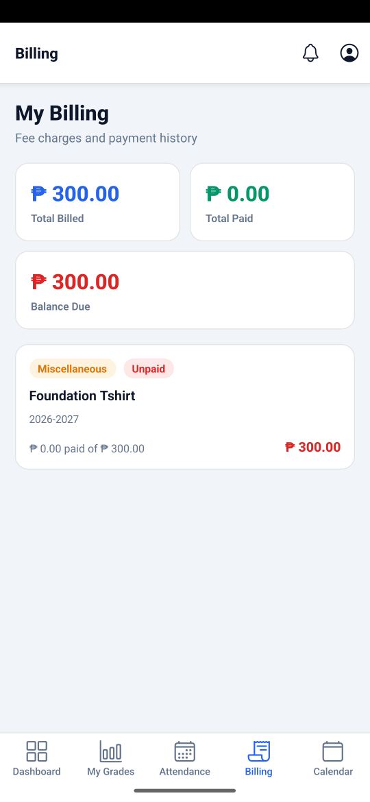 A+ Portal student app showing fee charges, total paid, and outstanding balance