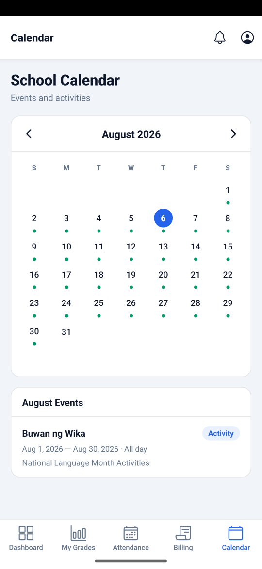 A+ Portal student app showing the school calendar for August 2026 with event markers
