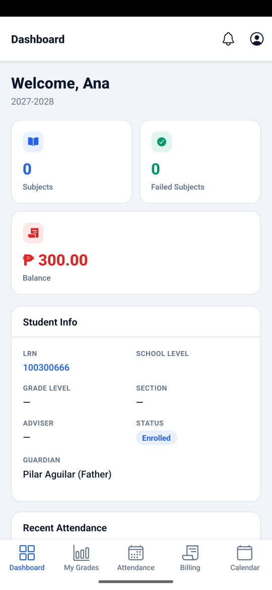 A+ Portal parent app showing a linked child's balance, enrolment status, and guardian details